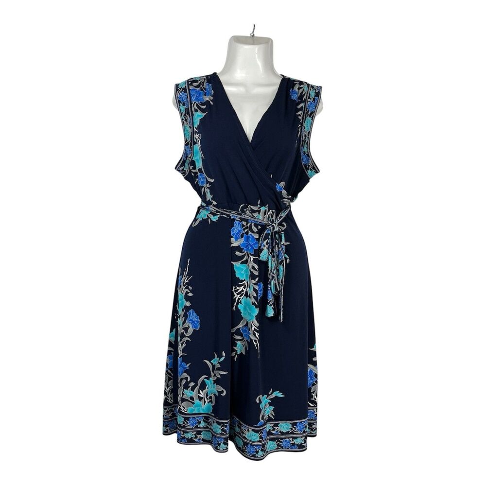 Apt. 9 Faux Wrap Dress Large Navy Blue Floral V-Neck Sleeveless Belted Office